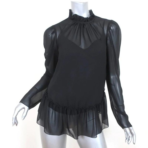 See By Chloe Tops - See by Chloe Ruffled High Neck Blouse Black Chiffon Size 38 Long Sleeve Top NEW